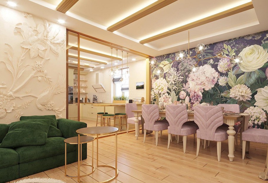 Фотообои в кухне гостиной