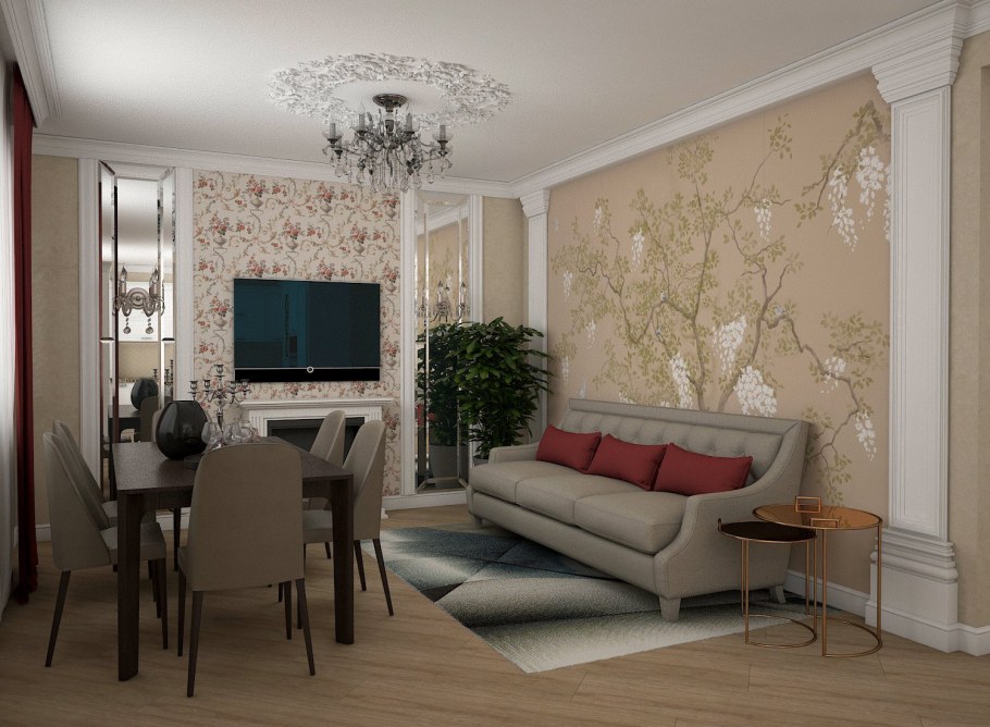 Кухня-гостиная с акцентной стеной