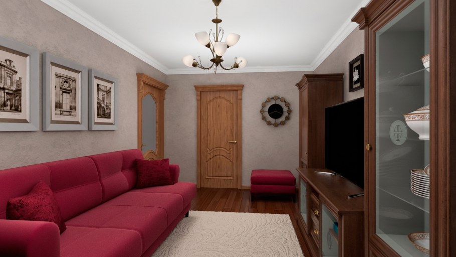 Гостиная в хрущевке с бордовым диваном