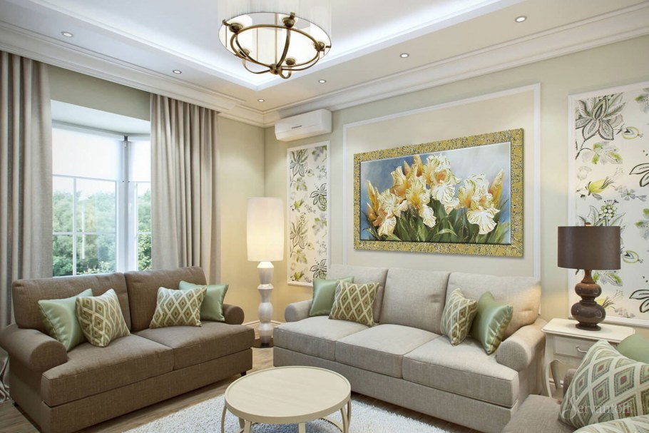 Бежевый диван в интерьере гостиной