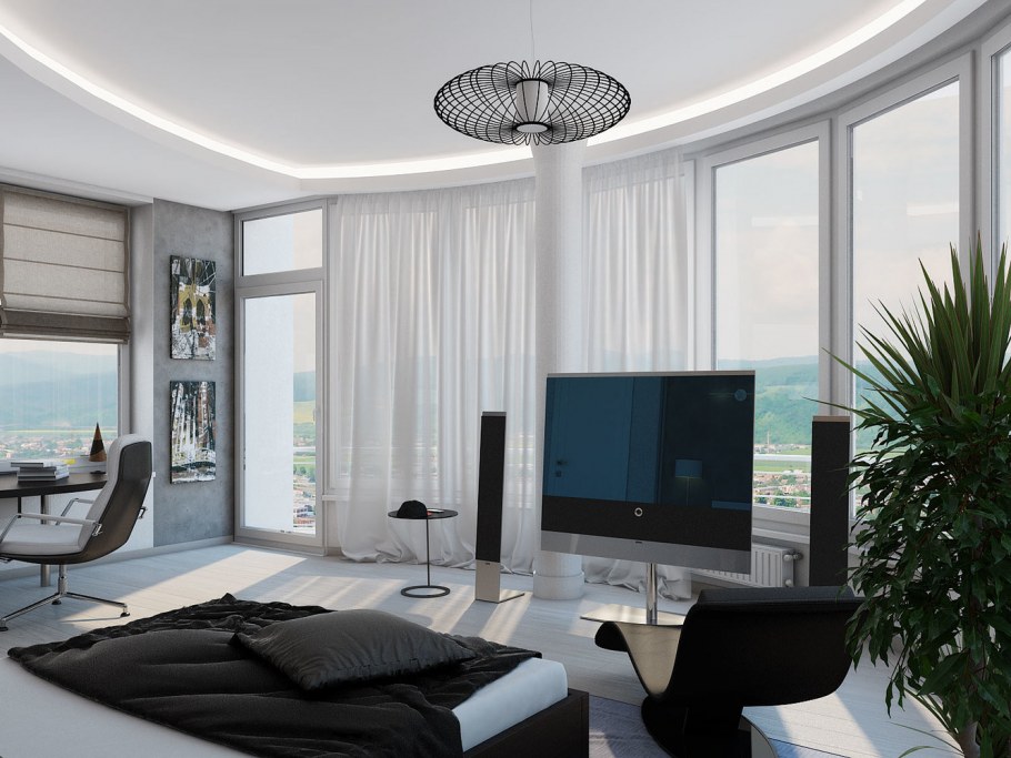 Интерьер гостиной с эркером и камином