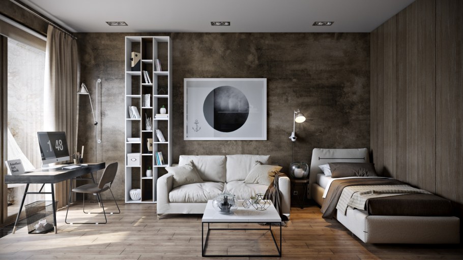 Декоративная штукатурка в интерьере гостиной лофт