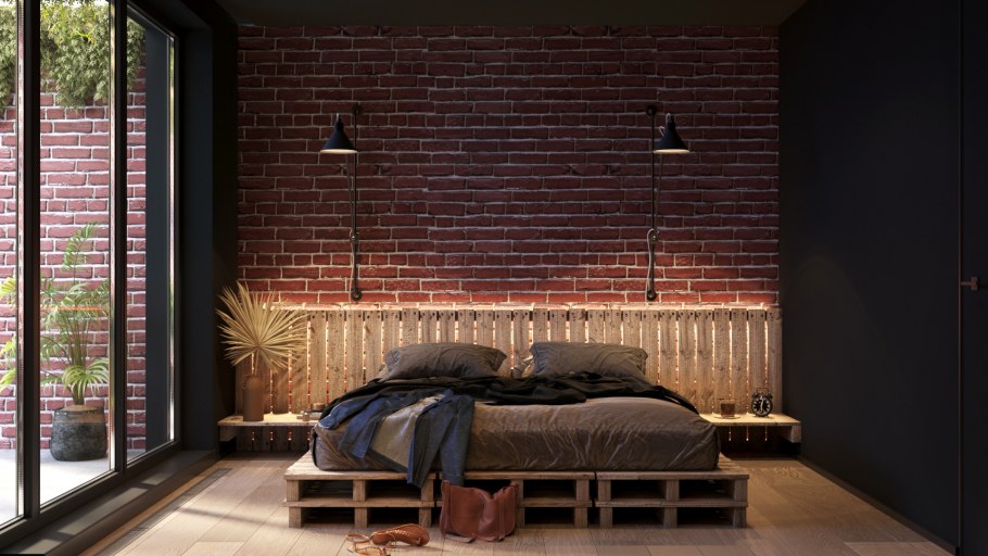 Интерьер спальни дерево кирпич