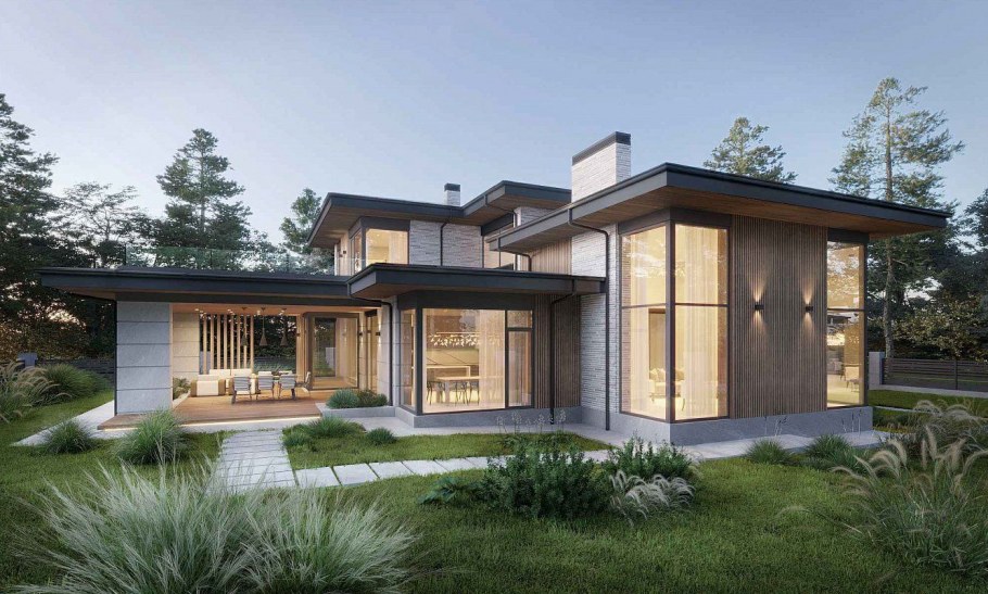 Одноэтажные дома в стиле Райта фото