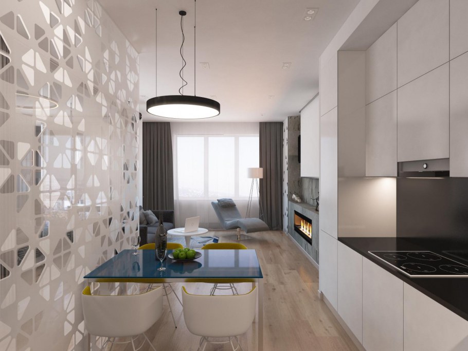 Кухня-гостиная 18 кв.м в современном стиле прямоугольная