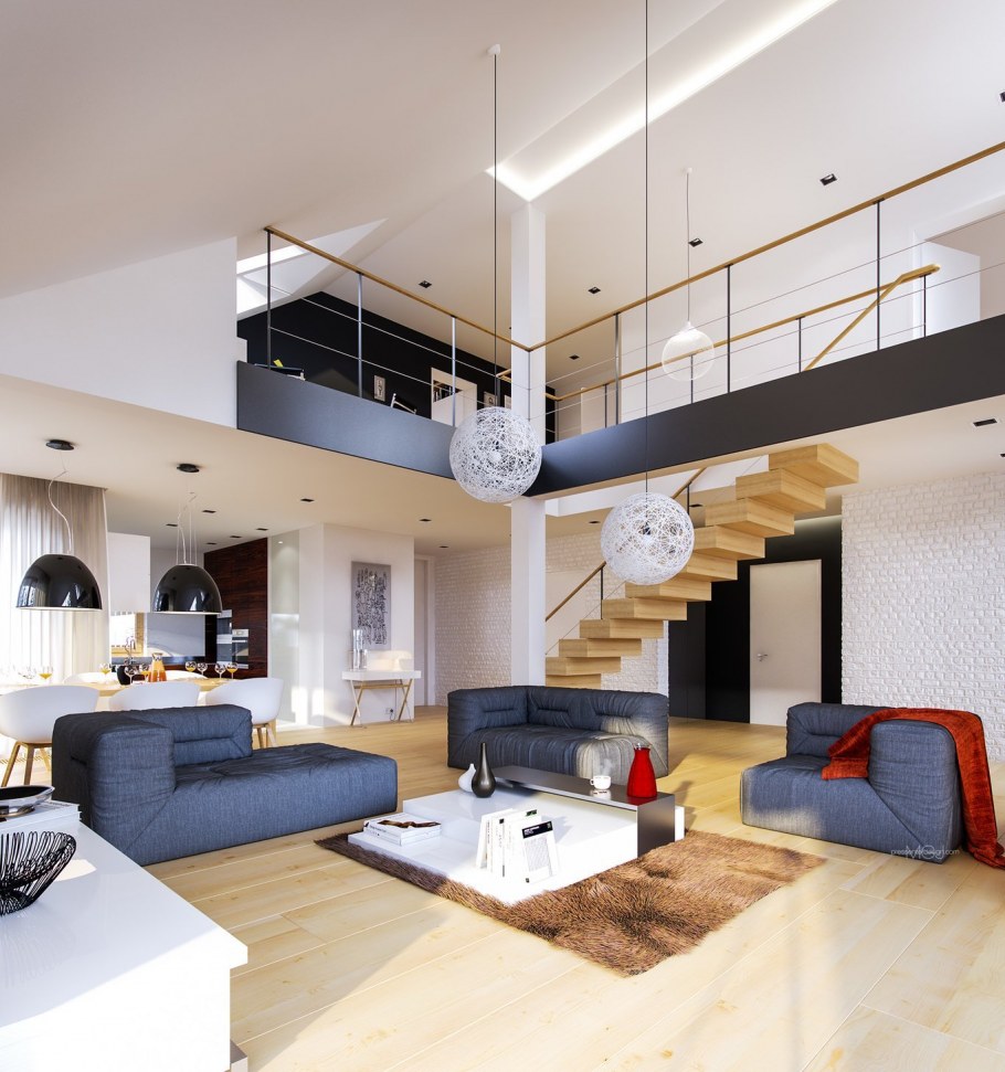 Современная гостиная со вторым светом