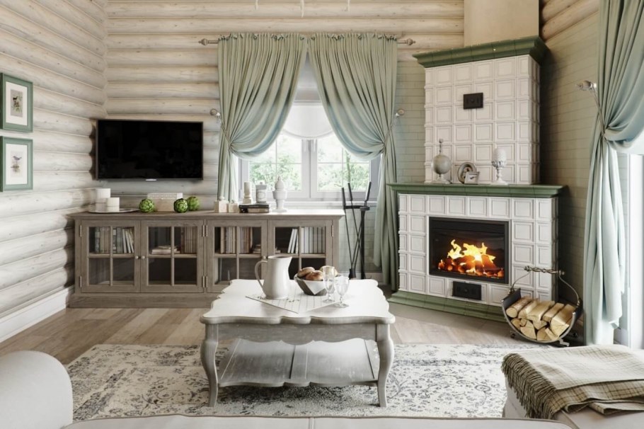 Гостиная Прованс Кантри в бревенчатом доме