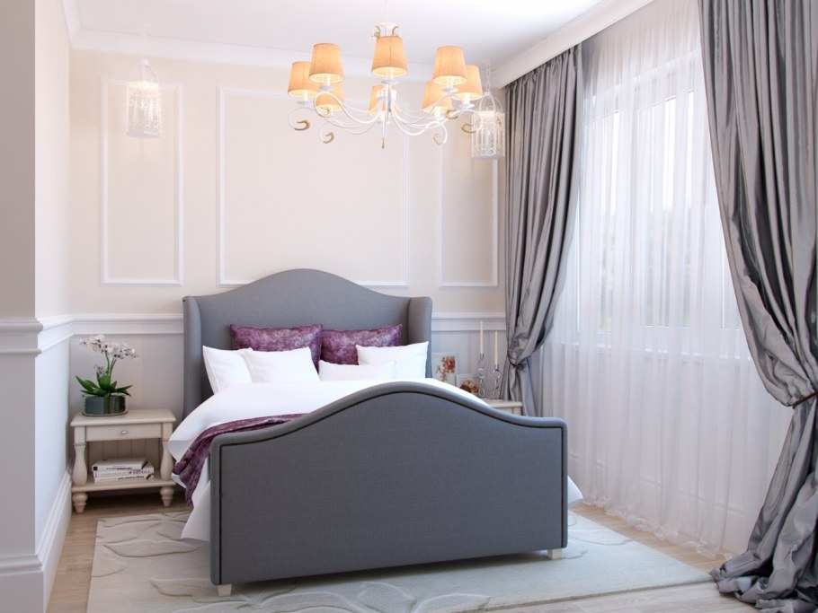 Шторы жемчужного цвета в спальне