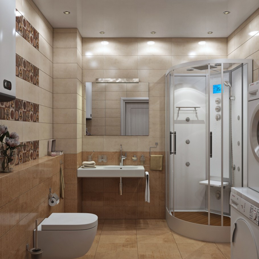 Совмещенная ванна в теплых тонах