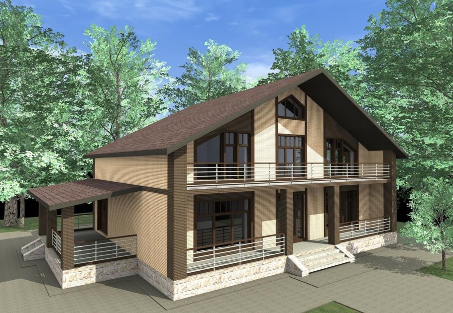 Двухэтажный дом с террасой и балконом