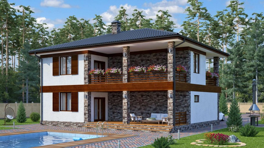 Двухэтажный дом с большим балконом