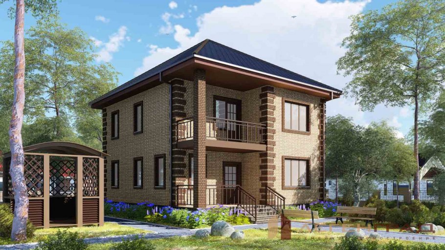 Двухэтажный кирпичный дом с балконом