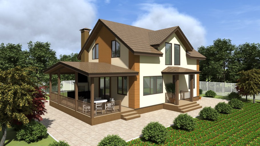 Двухэтажный дом с верандой