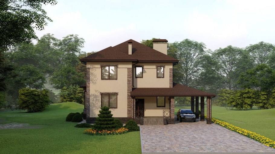 Двухэтажный кирпичный дом с террасой