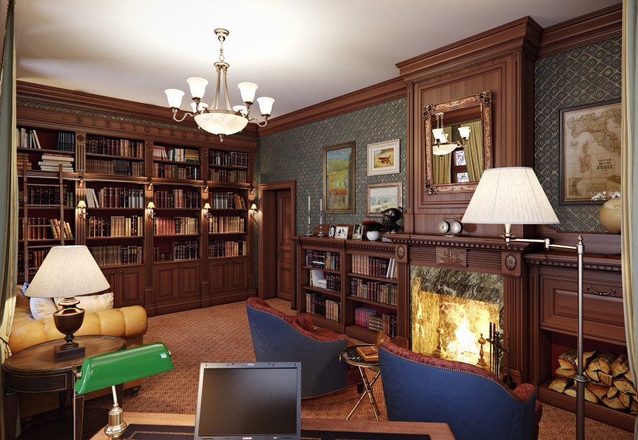 Кабинет с библиотекой в классическом стиле