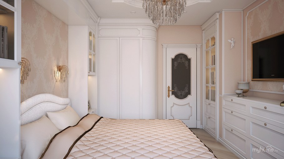 Обои в интерьере маленькой спальни 10 кв.м в неоклассическом стиле