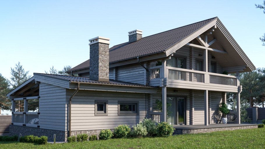 Деревянный дом с серой крышей