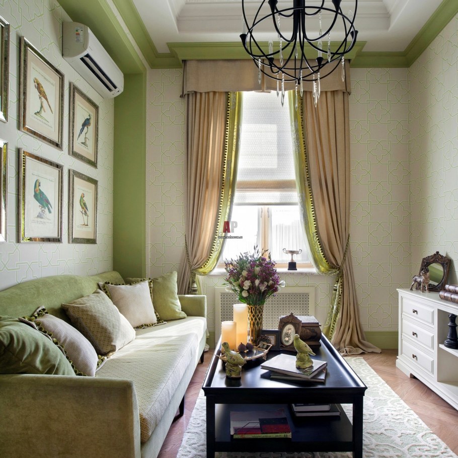 Гостиная в бежево зеленых тонах