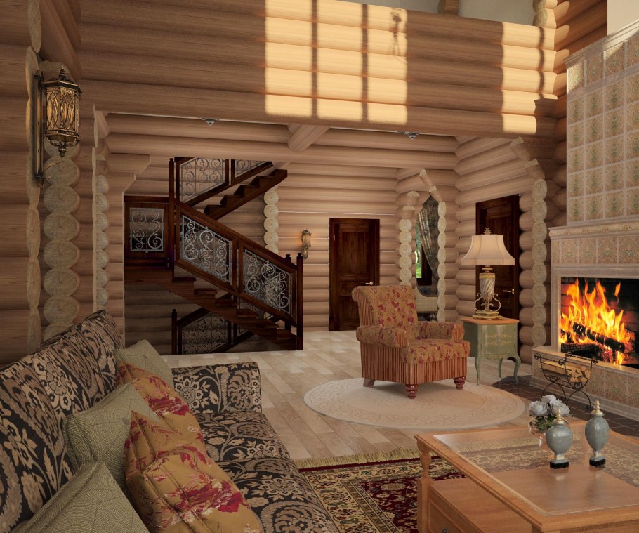 Кухня гостиная в бревенчатом доме