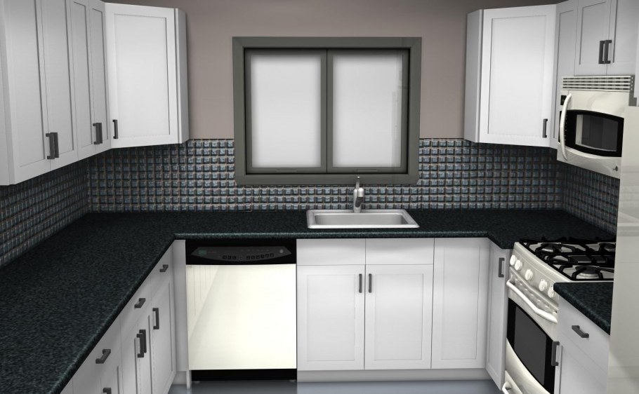 Белая кухня с темной столешницей и фартуком