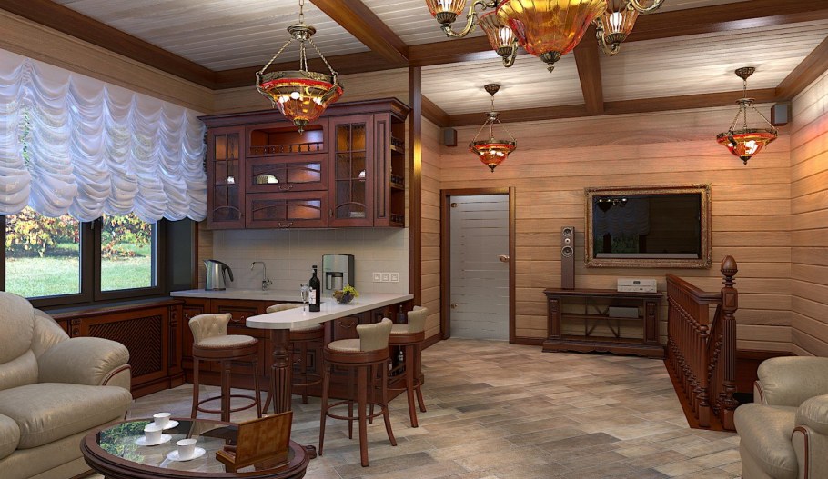 Совмещенная кухня и гостиная в деревянном доме