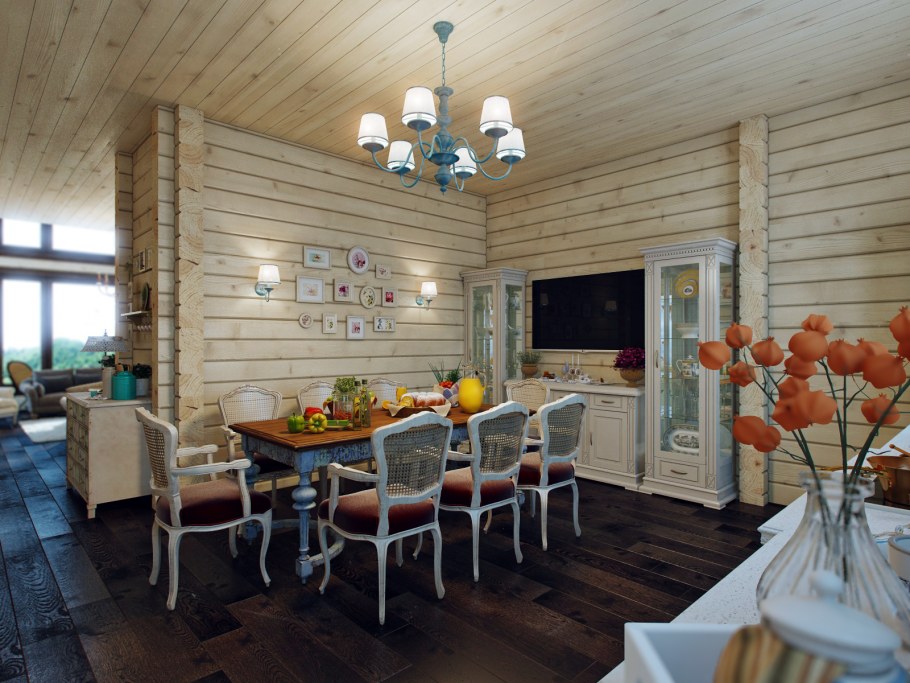 Кухня гости в деревянном загородном доме