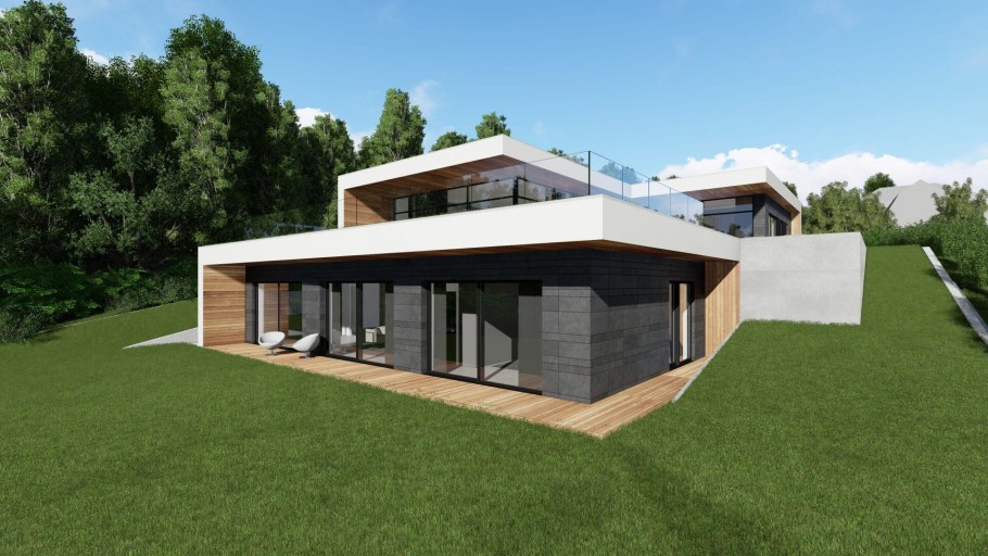 Современный дом с панорамными окнами плоской крышей