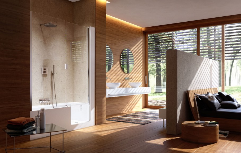 Душевая на всю стену в интерьере