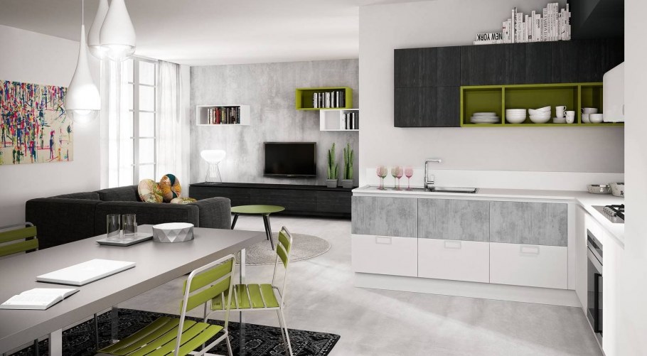 Бело серая кухня гостиная бетон