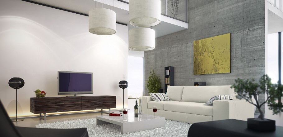 Декоративная штукатурка под бетон в интерьере гостиной