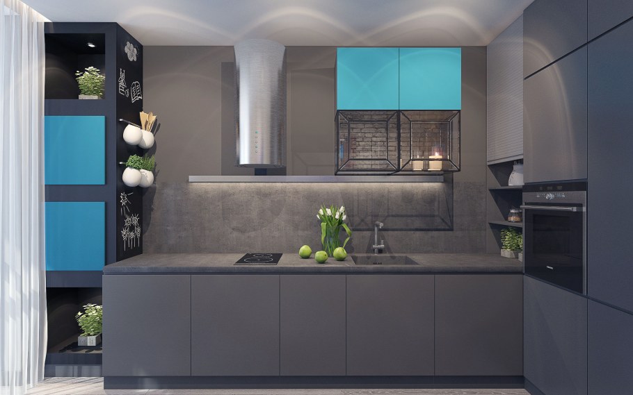Кухня графит с голубым