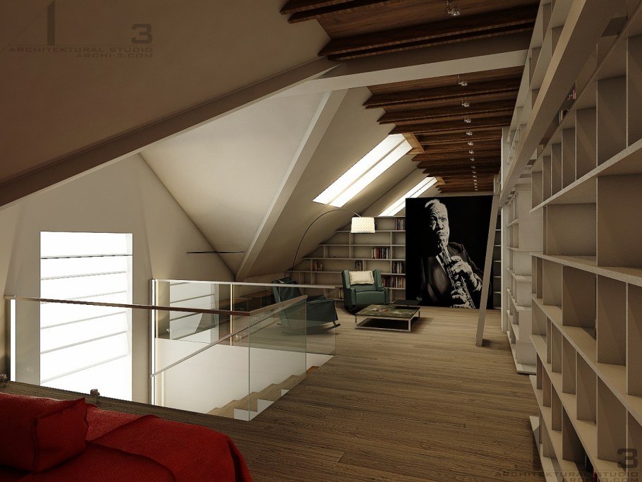 Мансарда библиотека в темных тонах