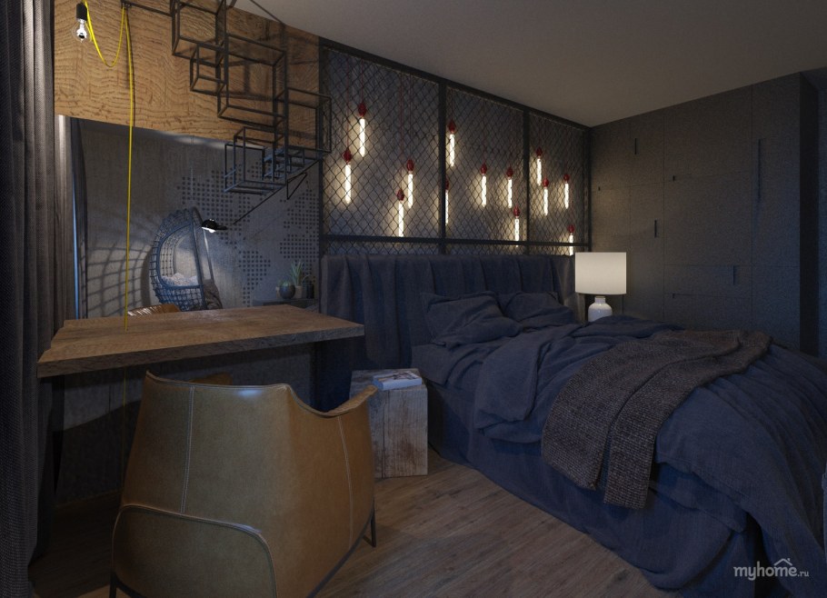 Спальня в стиле лофт с коричневым потолком