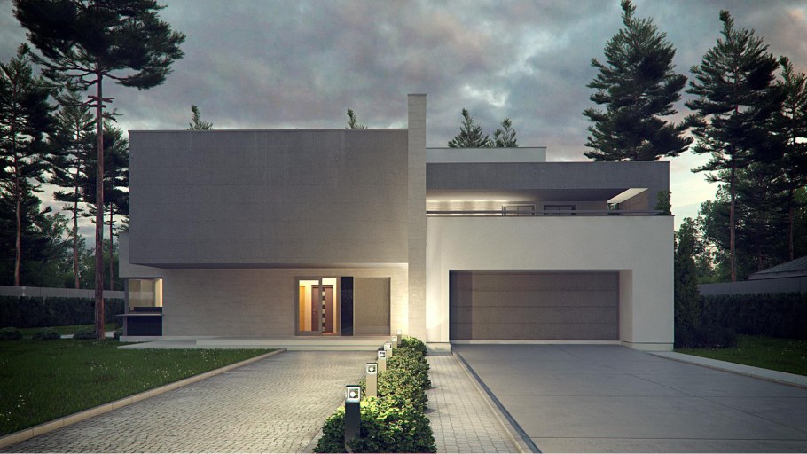 Дом с плоской крышей в классическом стиле