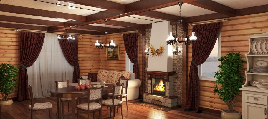 Дизайн кухни-гостиной в загородном доме эконом класса