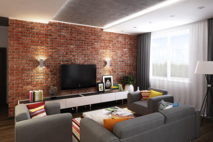 Кирпич в интерьере гостиной обычной квартиры