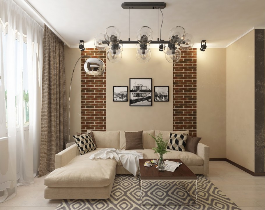 Дизайн гостиной с молочным кирпичом