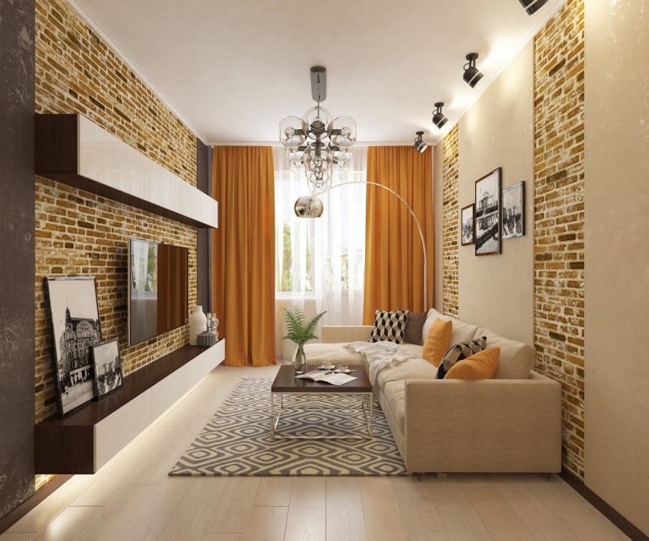 Гостиная с кирпичом комбинированные