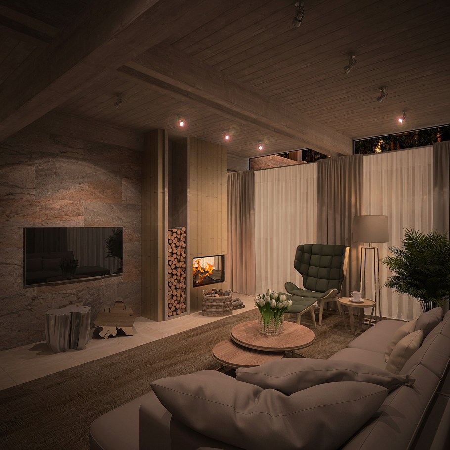 Освещение в гостиной загородного дома