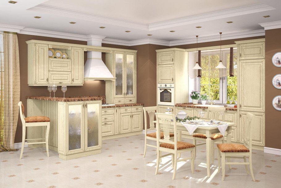 Кухня слоновая кость с зеленым