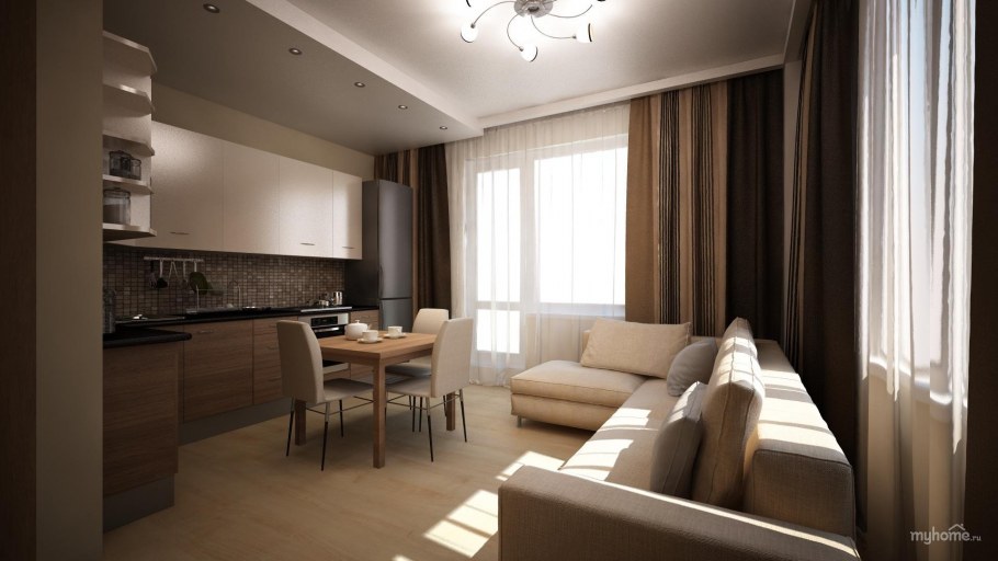 Кухня-гостиная в коричнево-бежевых тонах