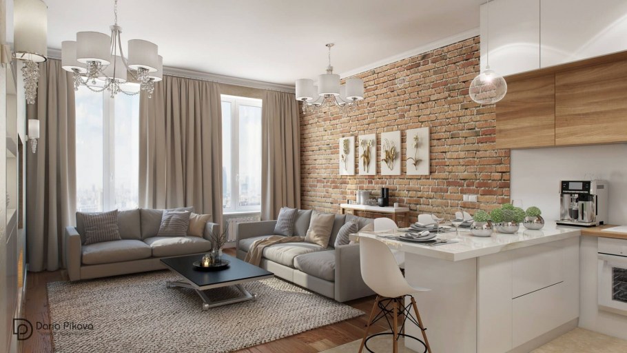 Светлый лофт кухня гостиная