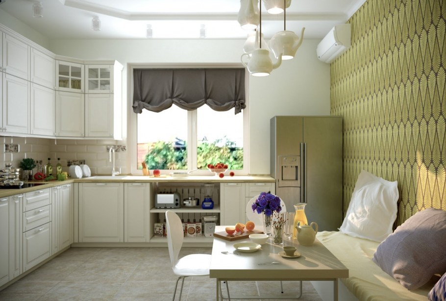 Кухня в бежево-зеленых тонах