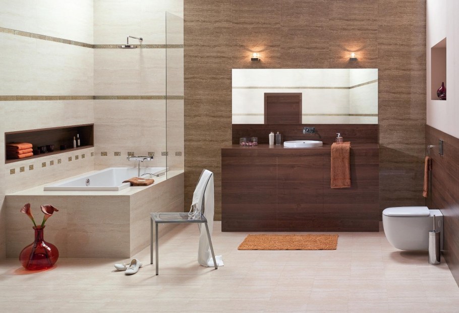 Кафель в ванную коричневый пол