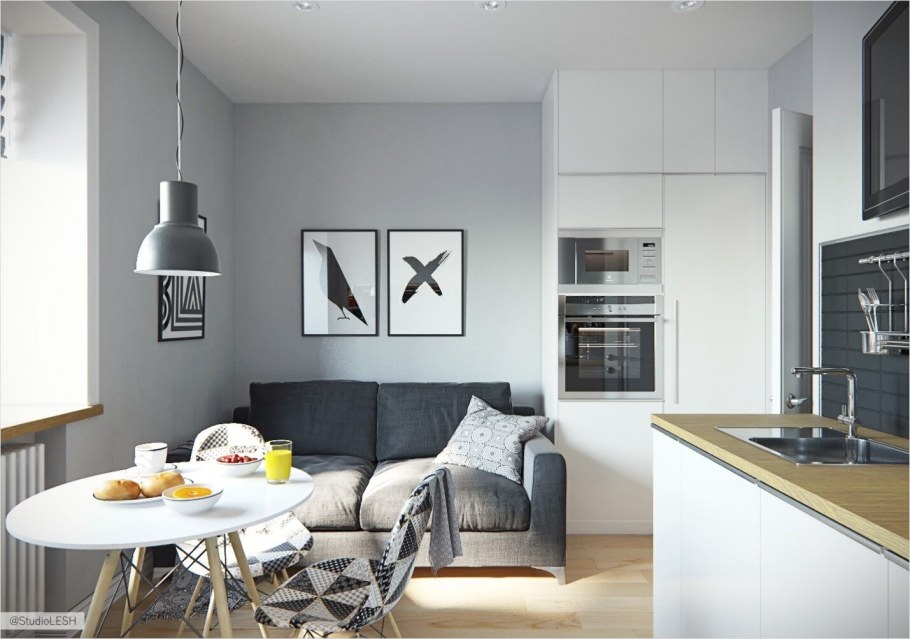 Кухня в стиле Сканди с диваном