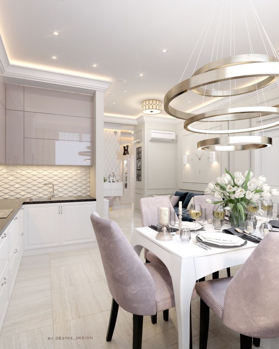 Бежево Лавандовая гостиная кухня