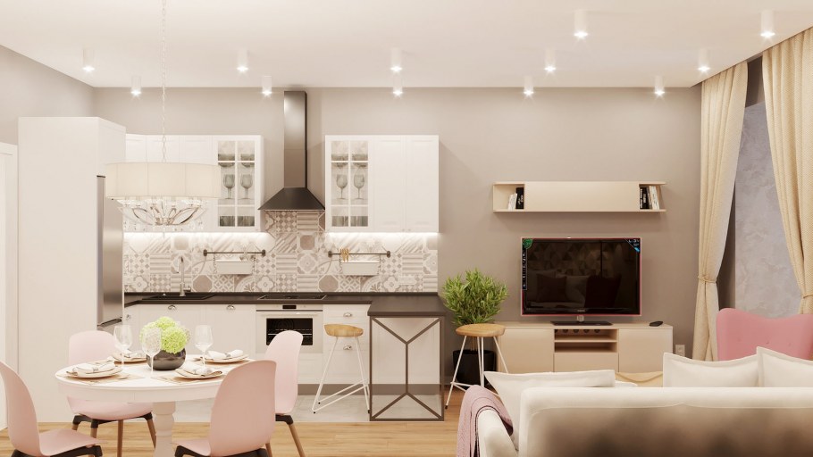 Гостиная в бежево розовых тонах