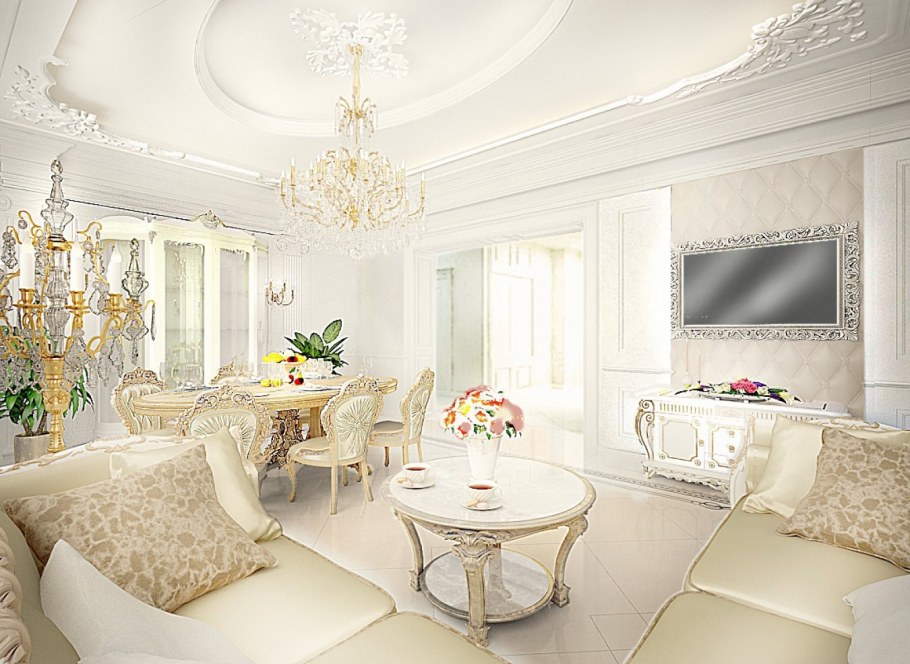 Гостиная в классическом стиле в светлых тонах