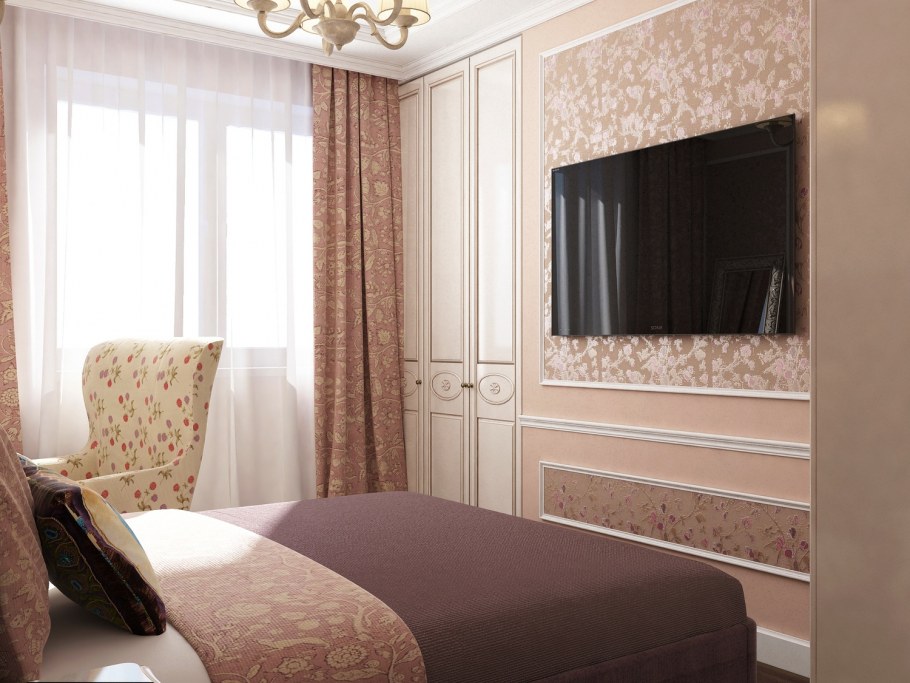 Оформление стены с телевизором в спальне