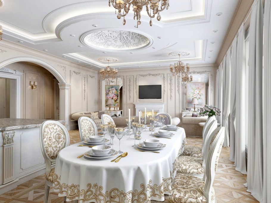 Интерьер коттеджа в классическом стиле светлых тонов